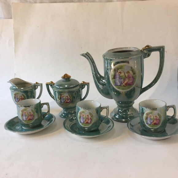 Vintage Victorian Couple Iridescent Porcelain Tea Set Luster Japan Blue Teapot - Picture 3 of 16